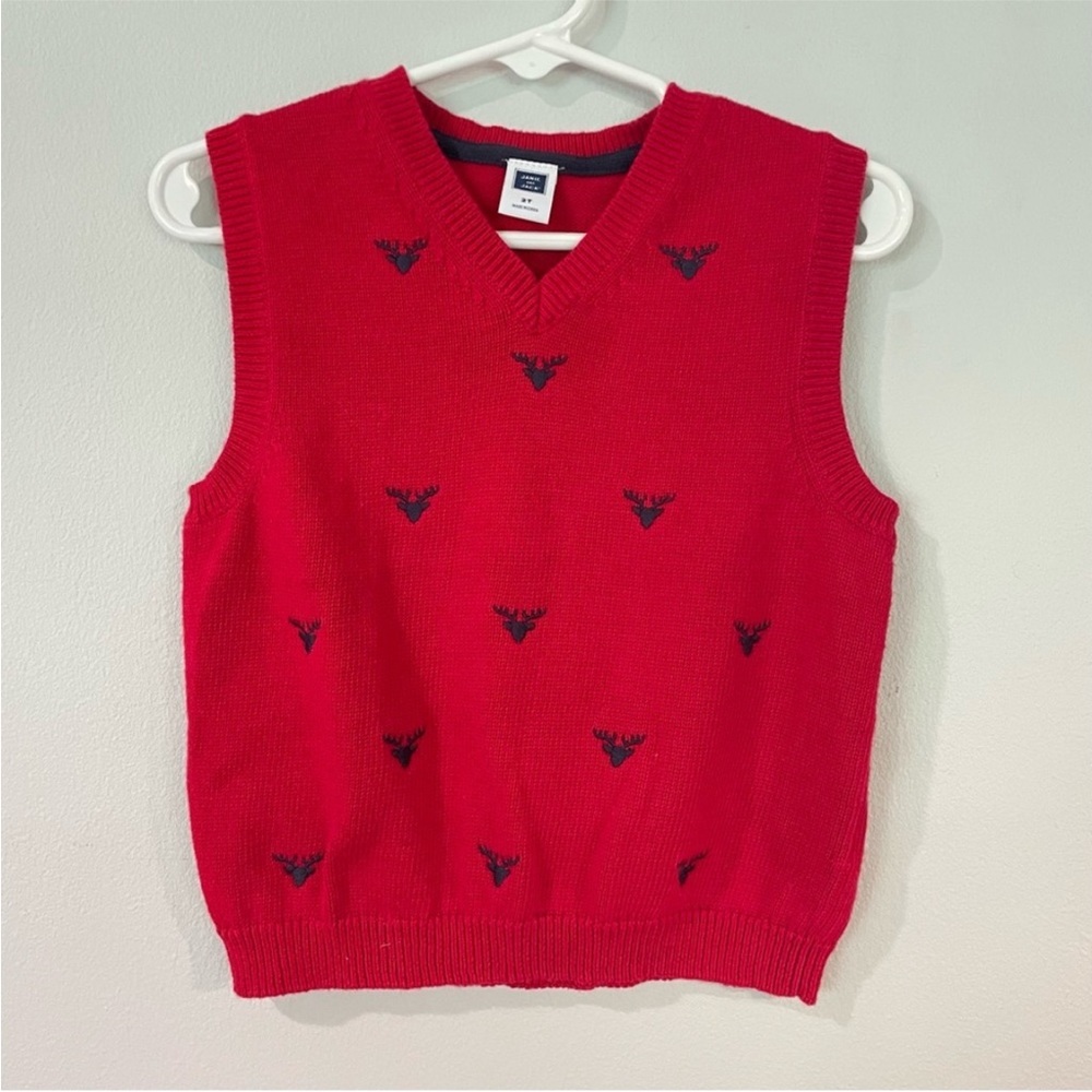 Janie and Jack Boys 2T Red Knit Sweater Vest with Moose Embroidery